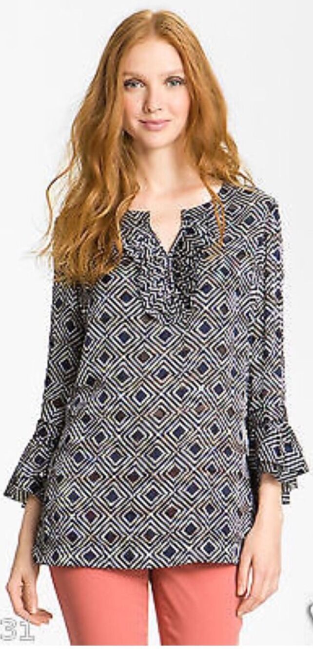 Tory Burch Gwenna Normandy Blue Printed Silk Tunic Blouse 8